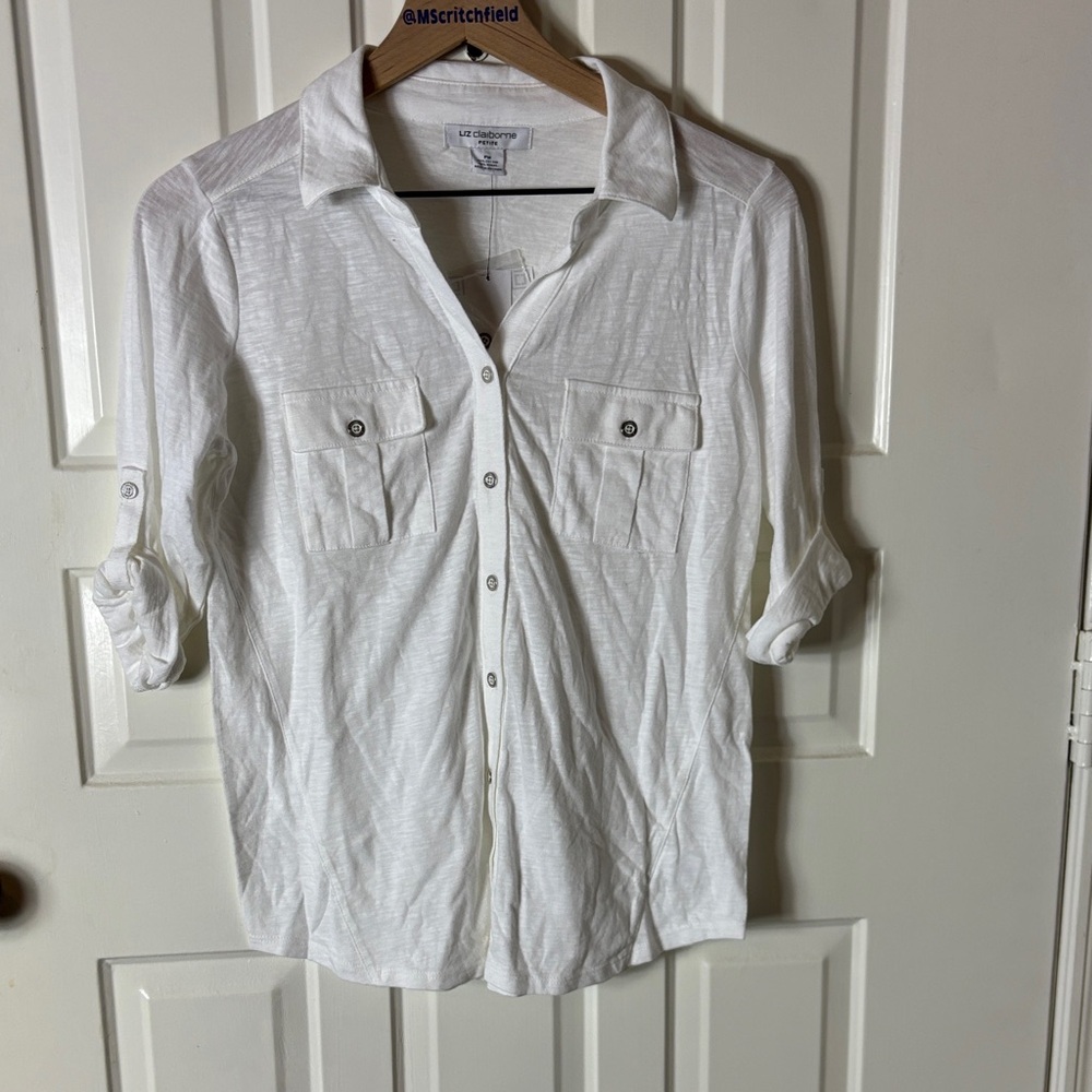 Liz Claiborne White Button-Up Shirt petite medium new